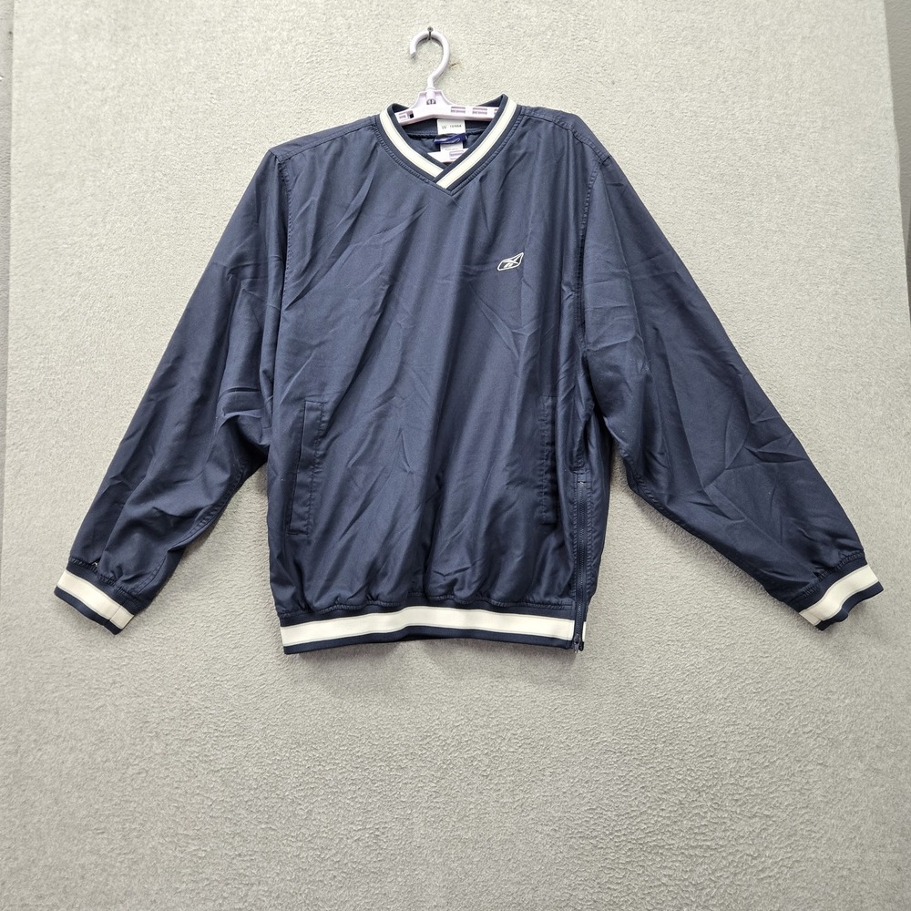 VINTAGE Reebok Men Jacket M Navy Windbreaker Pullover Logo Embroidered V Neck